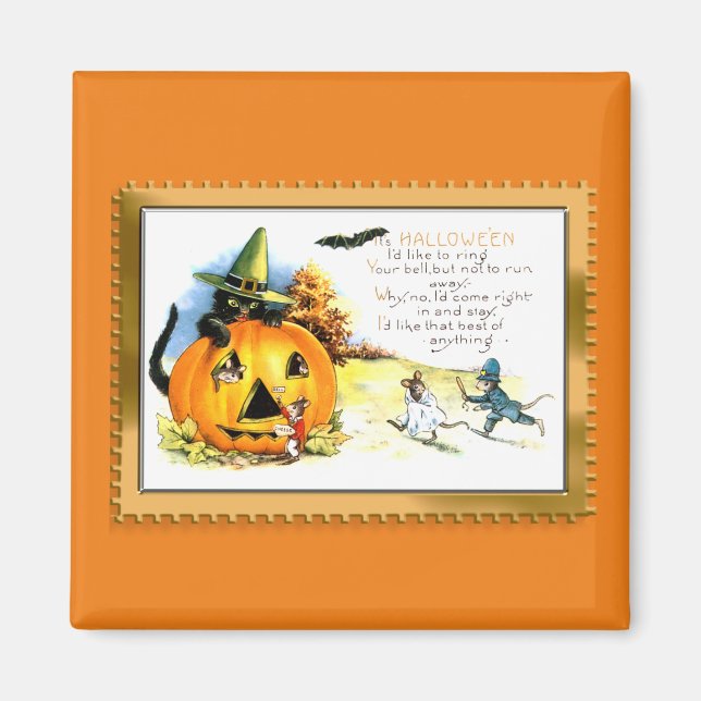 Imán Kitty de Halloween sentado en Jack O Lantern (Frente)