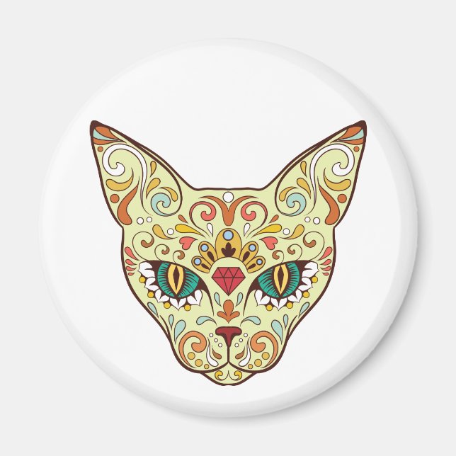 Imán Kitty Face Sugar Skull | Día del gato muerto (Frente)