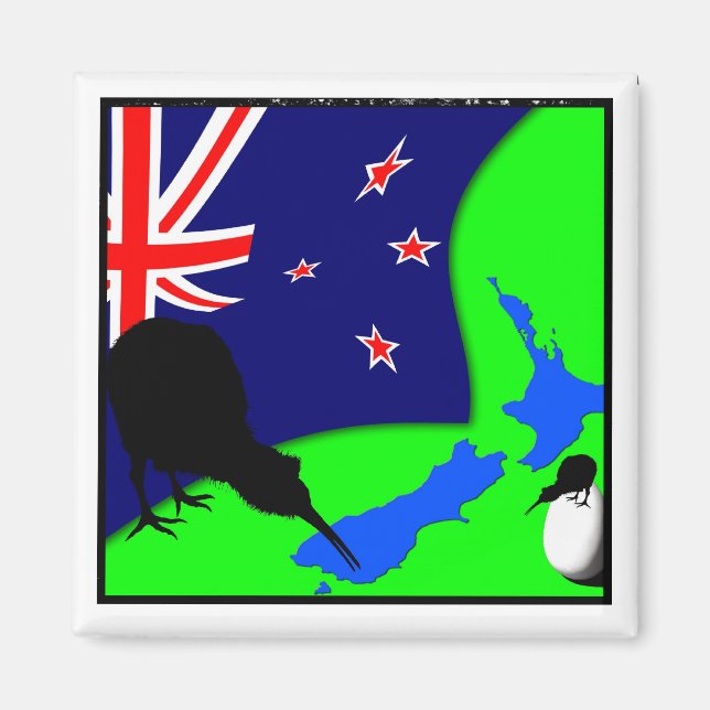 Imán Kiwi Bird, Egg & New Zealand Map (dibujo) (Frente)
