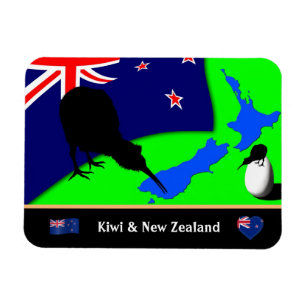 Imán Kiwi Bird, Flag & Map of New Zealand /art