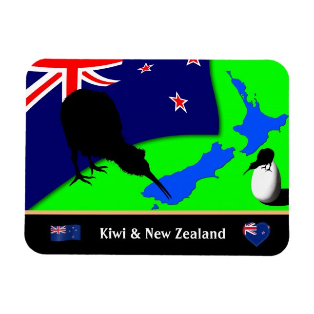 Imán Kiwi Bird, Flag & Map of New Zealand /art (Horizontal)
