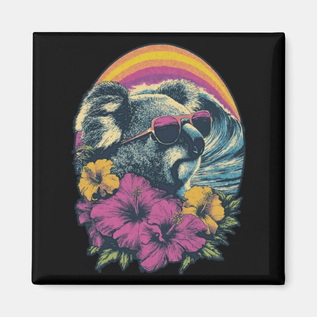 Imán Koala floral con flores de hibisco de verano con g (Frente)
