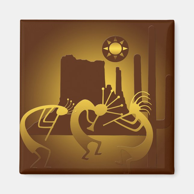 Imán Kokopelli del suroeste en Borgoña y Oro (Frente)