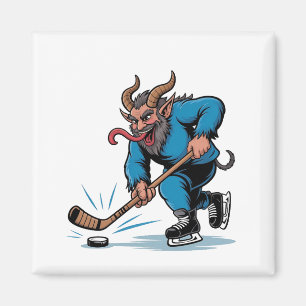 Imán Krampus espeluznante jugando hockey sobre hielo en