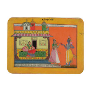 Imán Krishna que llega la casa de Radha, ilustracion