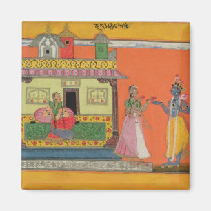 Imán Krishna que llega la casa de Radha, ilustracion