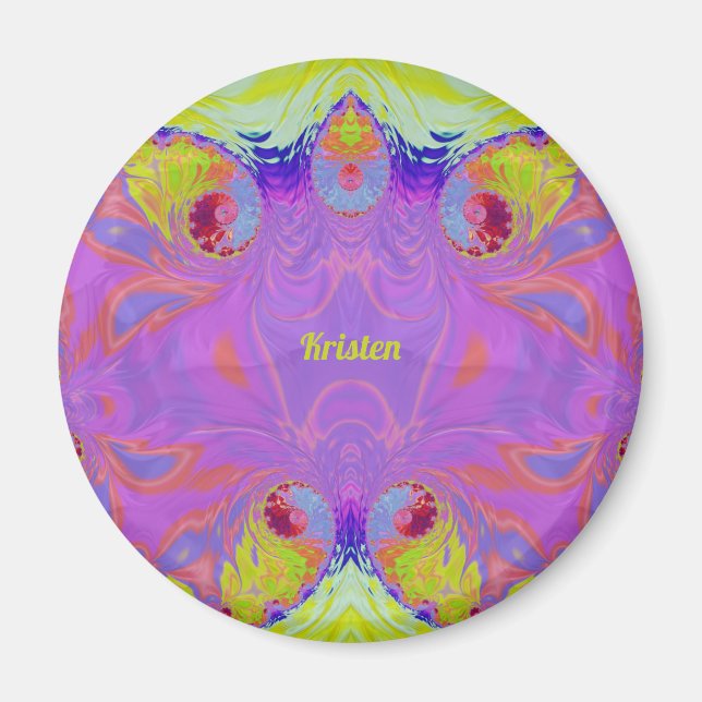 Imán KRISTEN ~ Naranja rosa Fractal azul amarillo ~ (Frente)