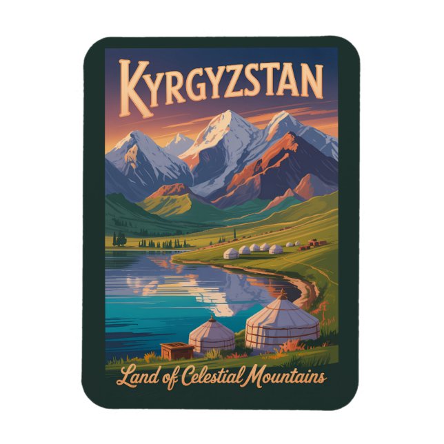 Imán Kyrgyzstan Mountains Illustration Travel Art Vinta (Vertical)