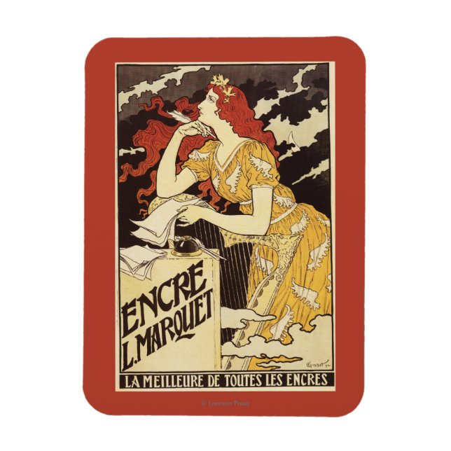 Imán L. Marquet Ink Red Headed Woman & Harp (Vertical)