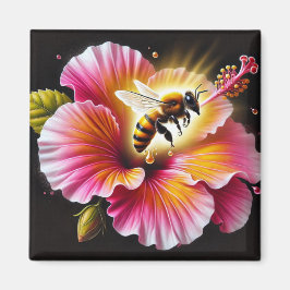 Imán La abeja de miel poliniza un hibiscus floreciente