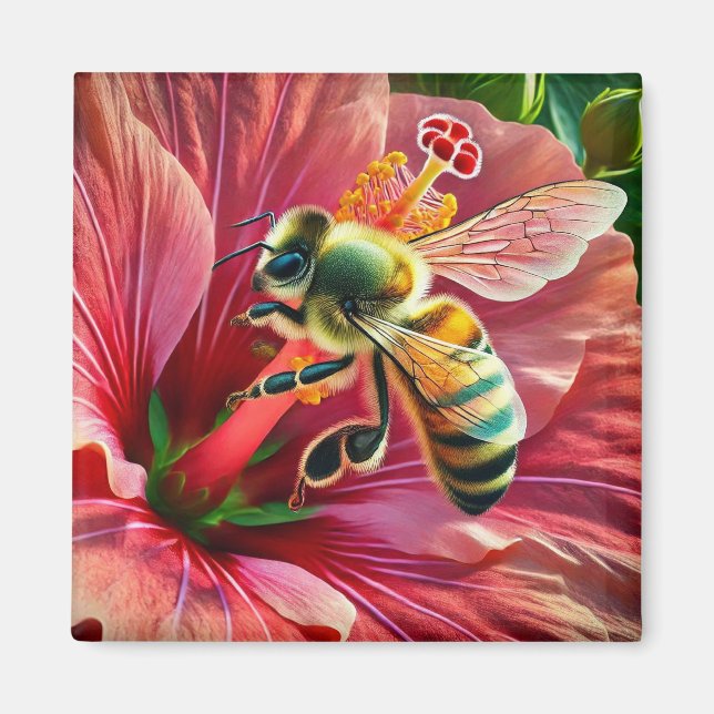 Imán La abeja poliniza una flor hibiscus vibrante (Frente)