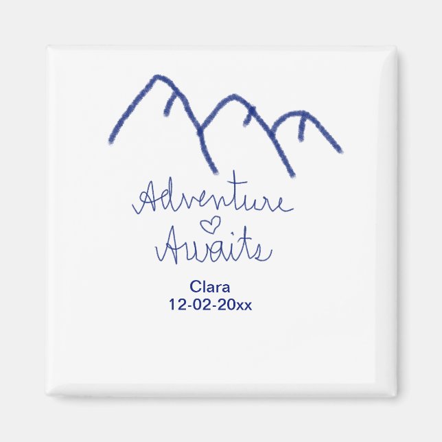 Imán La aventura espera corazón de montaña azul agregar (Frente)