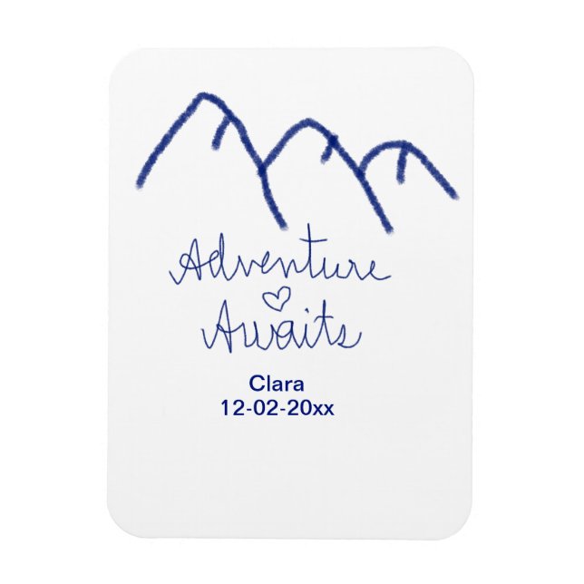 Imán La aventura espera corazón de montaña azul agregar (Vertical)