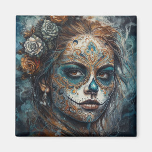 Imán La Catrina Azul Día de los Muertos Cráneo de Azúca