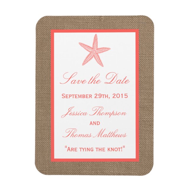 Imán La colección de bodas Coral Starfish Burlap Beach (Vertical)