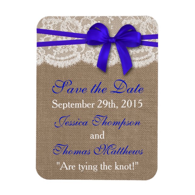 Imán La colección de Bodas Rustic Blue Bow (Vertical)