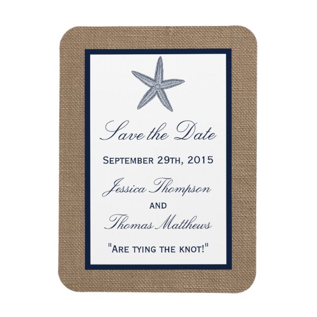 Imán La colección de bodas Starfish Burlap Beach de la  (Vertical)