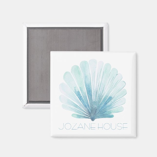 Imán La concha costera azul y blanca Aqua personalizada (Anverso/Reverso)