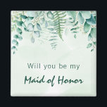Imán La dama de honor eucalipto verde<br><div class="desc">Un fondo verde y blanco acuático. Decorado con vegetación eucaliptus y helechos de bosque. Con el texto: ¿Serás mi dama de honor o dama de honor?</div>