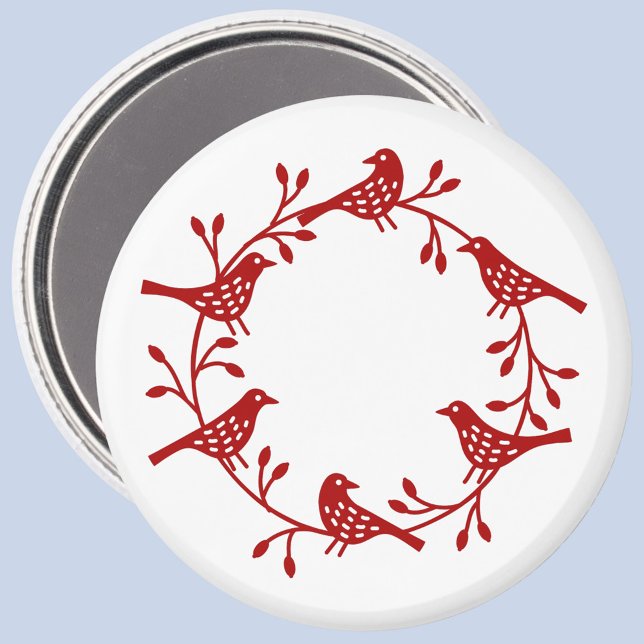 Imán La era escandalosa de las aves y los rosehips (Red and white Scandinavian bird wreath magnet)