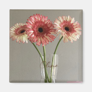 Imán La feliz flor rosa de Gerbera + nombre personaliza