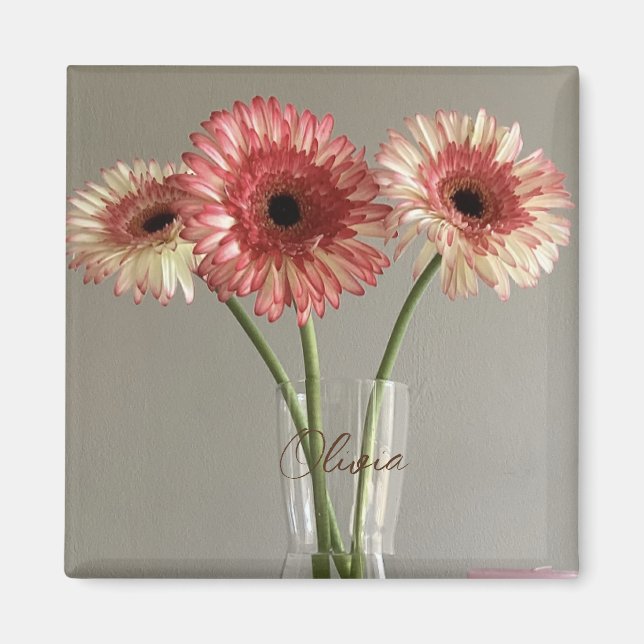 Imán La feliz flor rosa de Gerbera + nombre personaliza (Frente)