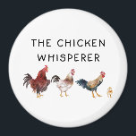 Imán La gracia del Whisperer de pollo<br><div class="desc">Gracioso diseño de imanes para los amantes del pollo y los granjeros con ilustracion de gallinas a la acuarela y una chica con un texto que dice "el susurrador de pollo"</div>