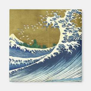 Imán La gran ola (arte japonés azul y oro, Hokusai)