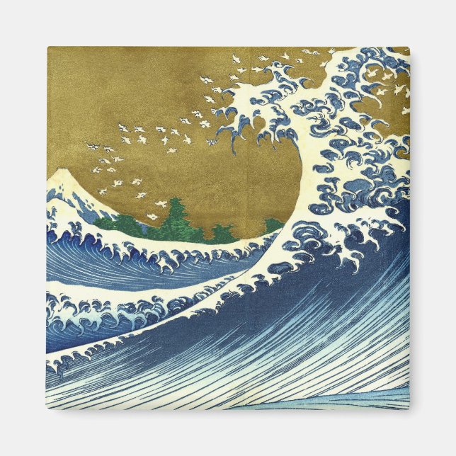 Imán La gran ola (arte japonés azul y oro, Hokusai) (Frente)