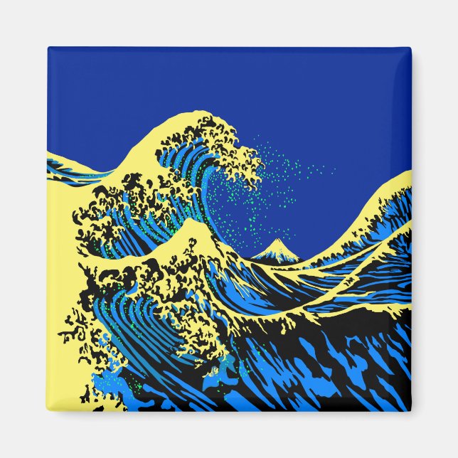 Imán La gran ola de Hokusai al estilo pop amarillo azul (Frente)