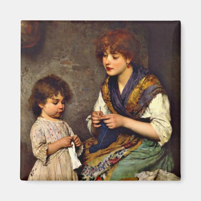 Imán La lección de punto, artista de Eugene de Blaas (Frente)