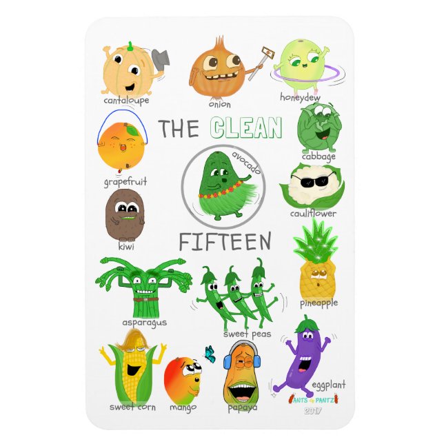 Imán La lista ilustrada de Clean 15 - 2017 (etiquetada) (Vertical)
