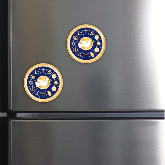 Imán La paloma de la paz (Dove of Peace. Add an inspirational magnet featuring gold icons of world faiths.)