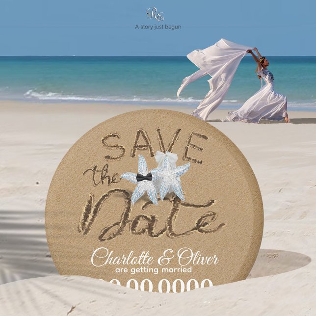 Imán La playa de Starfish Save the Date Magnet (Starfish couple Save the Date magnet in sand as the bride gracefully strolls the shore, veil adrift.)