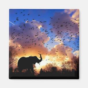 Imán La silueta de elefantes africanos al atardecer