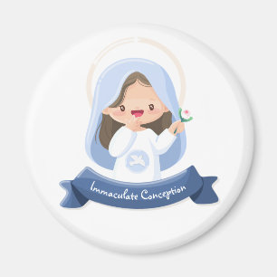 Imán La sonriente Virgen María Kawaii con Flor - Blanco