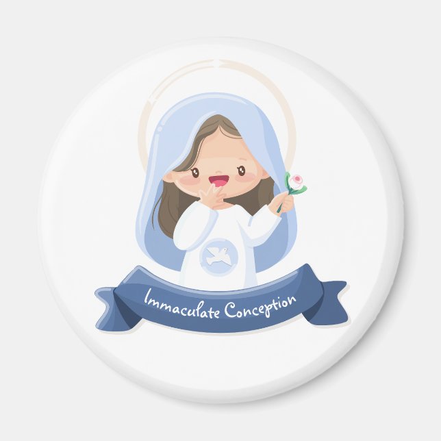 Imán La sonriente Virgen María Kawaii con Flor - Blanco (Frente)