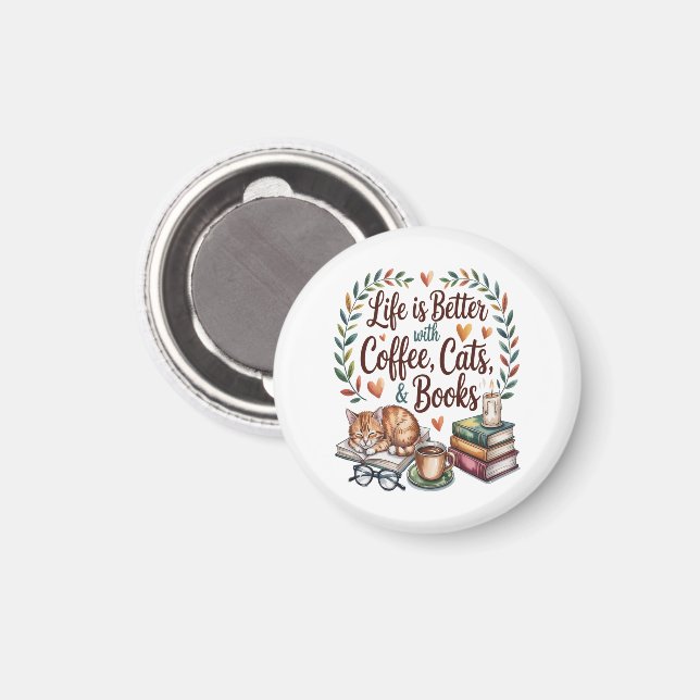 Imán La vida es mejor con café gatos libros (Anverso/Reverso)