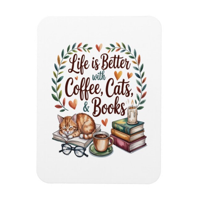 Imán La vida es mejor con café gatos libros (Vertical)