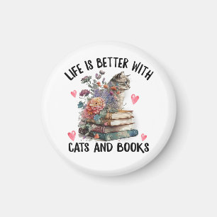 Imán La vida es mejor con gatos y libros divertido gato