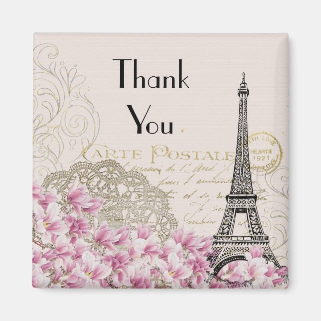 Imán La Vieja Torre Eiffel con Flores Rosa Gracias (Frente)