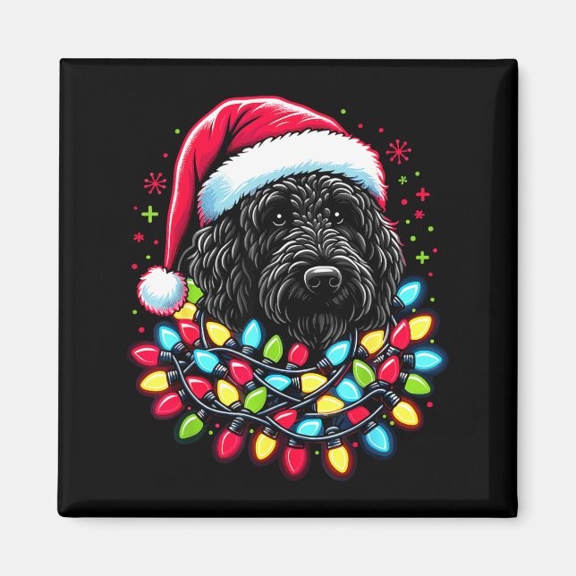 Imán Labradoodle negro árbol de Navidad luces de Navida (Frente)