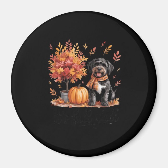 Imán Labradoodle negro es la calabaza otoñal (Frente)