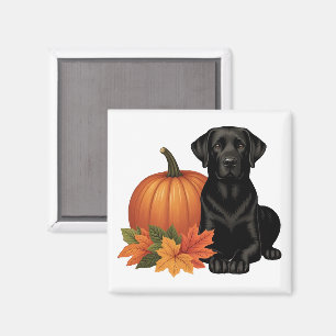 Imán Labrador negro con hojas de otoño y calabaza