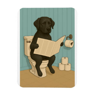Imán Labrador negro leyendo periódico sobre el inodoro