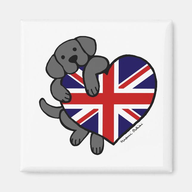 Imán Labrador negro y Personalizado de la bandera britá (Frente)