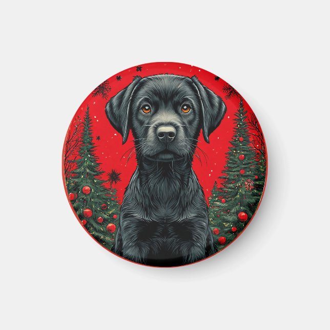 Imán Labrador Retriever Negro de Navidad con Árboles Fe (Frente)