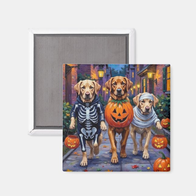 Imán Labradores haciendo 'trick-or-treat' con disfraces (Anverso/Reverso)