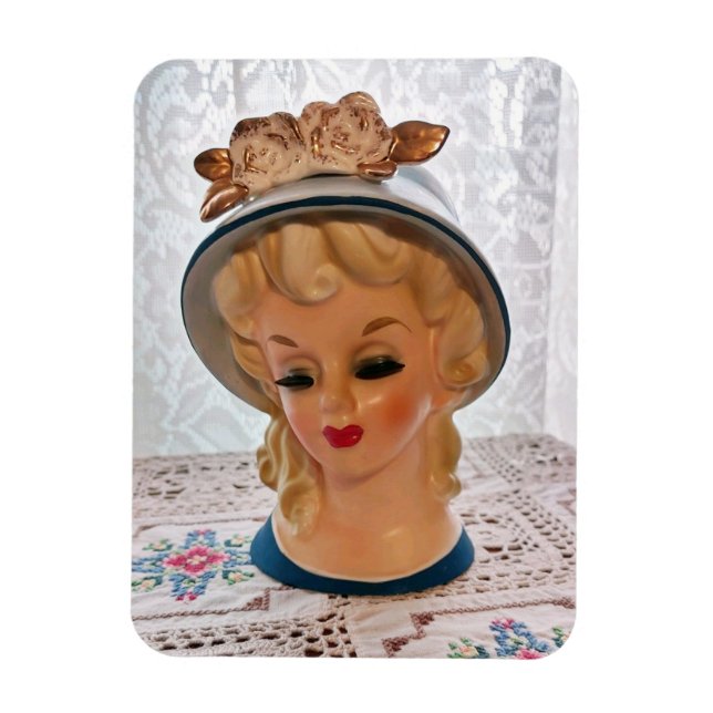 Imán Lady Head Vase Blonde Adolescente Azul Gorra Flor (Vertical)