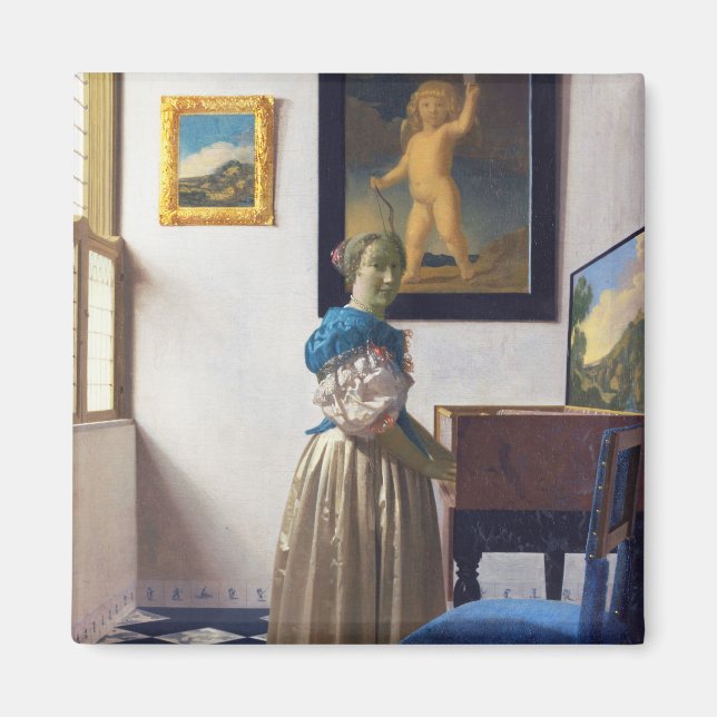 Imán Lady parada en un Virginal, Johannes Vermeer (Frente)